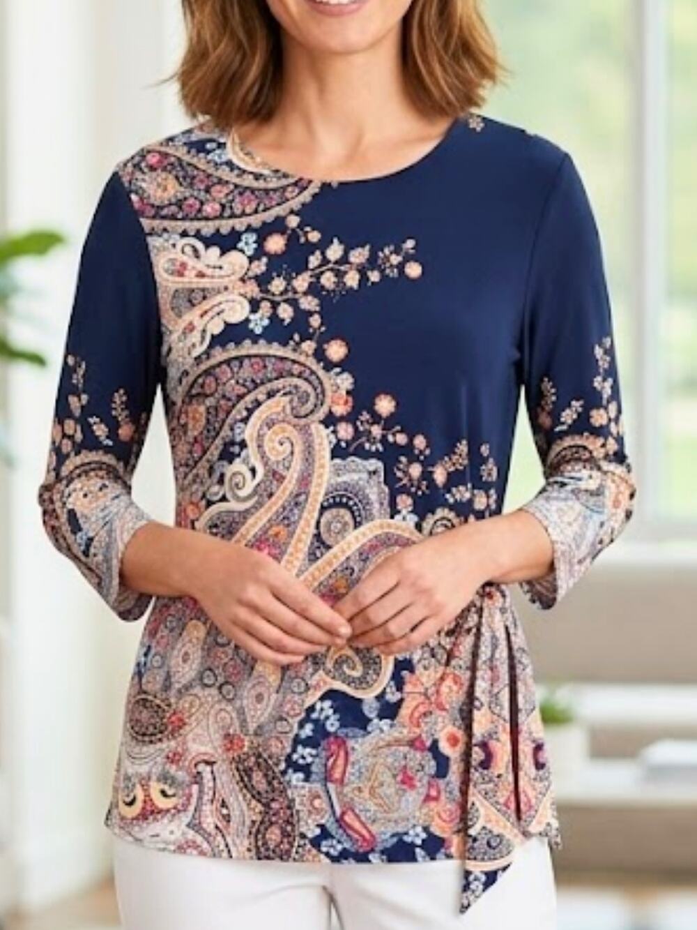 Chico’s Paisley Navy Blue Floral Side Tie Blouse – Size 2 (Large)